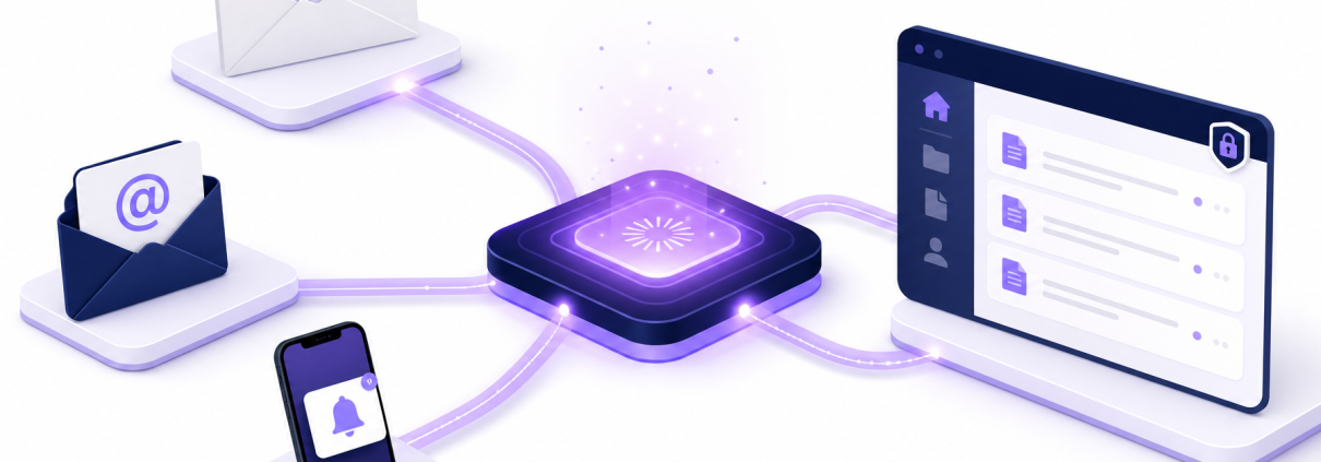 A central digital hub connecting physical letters, email, SMS and secure document portal — illustrating a multichannel communication portal