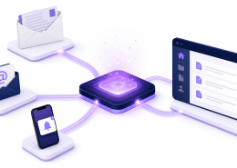 A central digital hub connecting physical letters, email, SMS and secure document portal — illustrating a multichannel communication portal