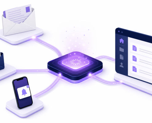 A central digital hub connecting physical letters, email, SMS and secure document portal — illustrating a multichannel communication portal
