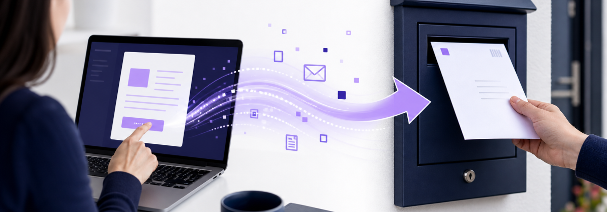 A person clicking a laptop to send a document digitally, with a physical letter being delivered - illustrating how hybrid mail works