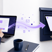 A person clicking a laptop to send a document digitally, with a physical letter being delivered - illustrating how hybrid mail works