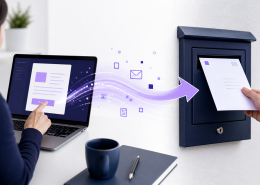 A person clicking a laptop to send a document digitally, with a physical letter being delivered - illustrating how hybrid mail works
