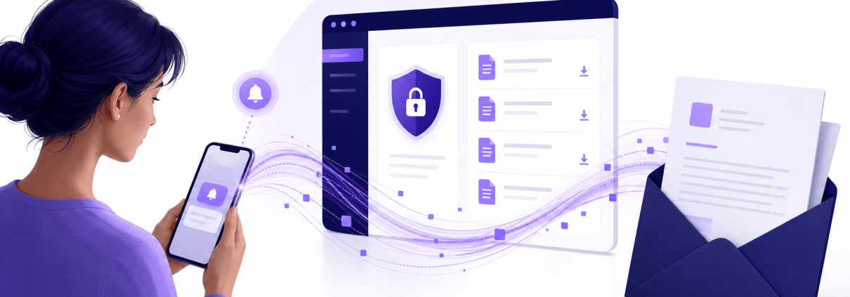 A customer receiving a digital notification on their phone connected to a secure document portal, illustrating digital transformation and customer experience