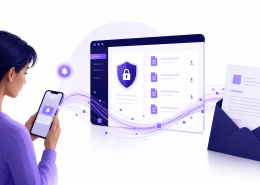 A customer receiving a digital notification on their phone connected to a secure document portal, illustrating digital transformation and customer experience