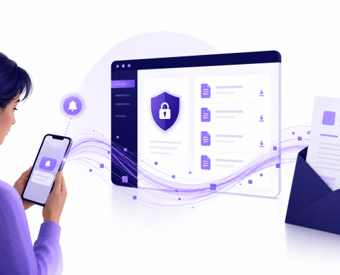 A customer receiving a digital notification on their phone connected to a secure document portal, illustrating digital transformation and customer experience