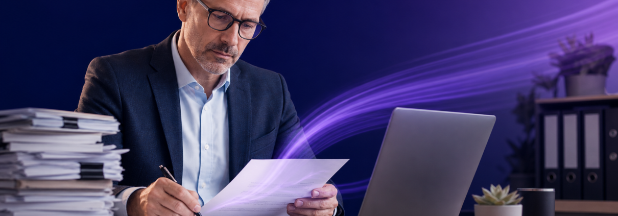 Business professional reviewing documents at a desk, representing document distribution services for UK organisations