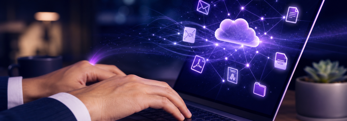 Hands typing on a laptop with digital document icons, representing electronic document distribution for UK businesses