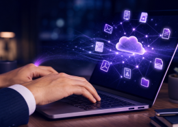 Hands typing on a laptop with digital document icons, representing electronic document distribution for UK businesses