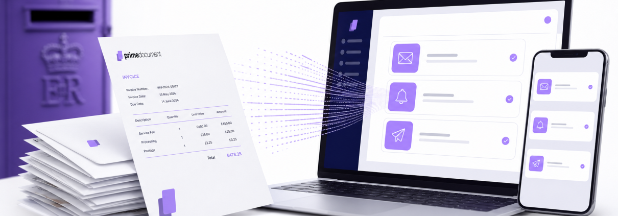 Stack of business invoices transforming into digital delivery — illustrating outsourced invoice mailing services for UK businesses