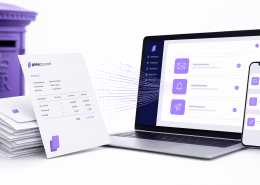 Stack of business invoices transforming into digital delivery — illustrating outsourced invoice mailing services for UK businesses