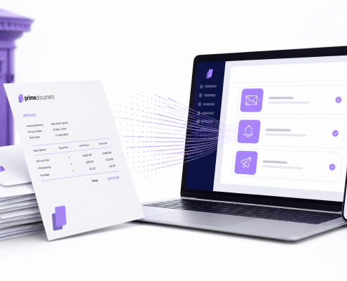 Stack of business invoices transforming into digital delivery — illustrating outsourced invoice mailing services for UK businesses