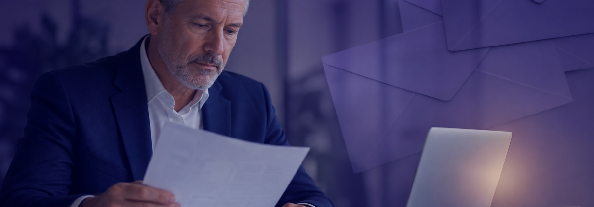 Pension administrator reviewing member communications at a desk, representing hybrid mail and digital document delivery for pension schemes