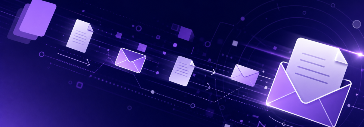 Hybrid mail solutions for UK organisations, navy and purple abstract digital document flow graphic
