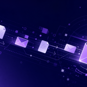 Hybrid mail solutions for UK organisations, navy and purple abstract digital document flow graphic