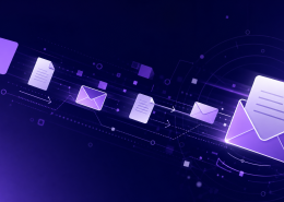 Hybrid mail solutions for UK organisations, navy and purple abstract digital document flow graphic