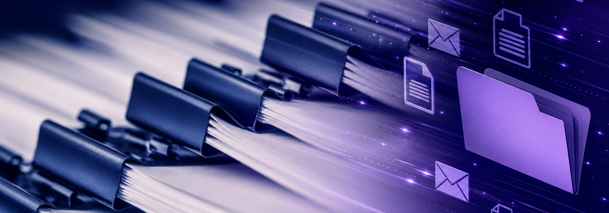 Document mailing services for UK organisations, navy and purple abstract envelope and digital delivery graphic