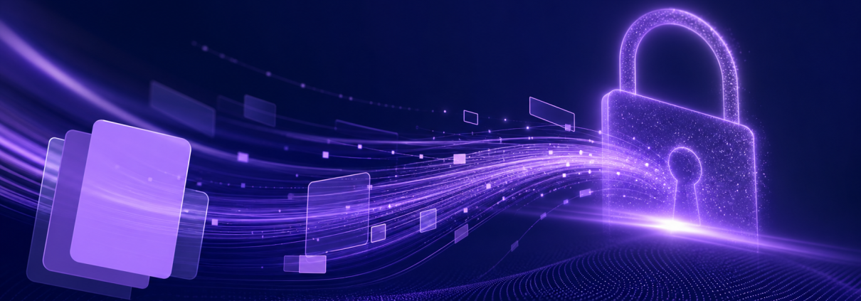 Abstract navy and purple graphic representing secure digital document delivery