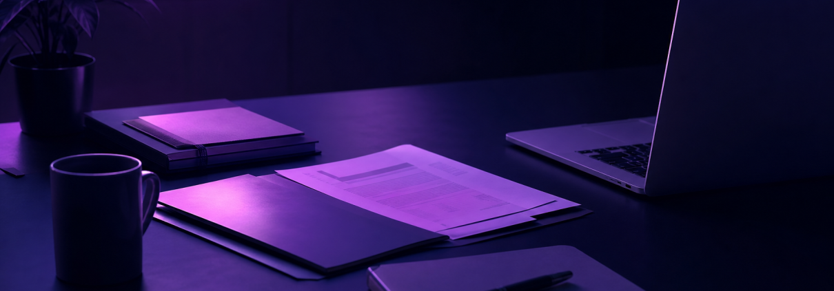 Navy and purple editorial photograph of a desk with correspondence and a laptop