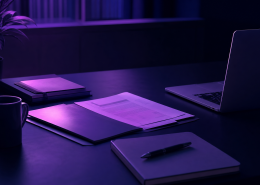 Navy and purple editorial photograph of a desk with correspondence and a laptop