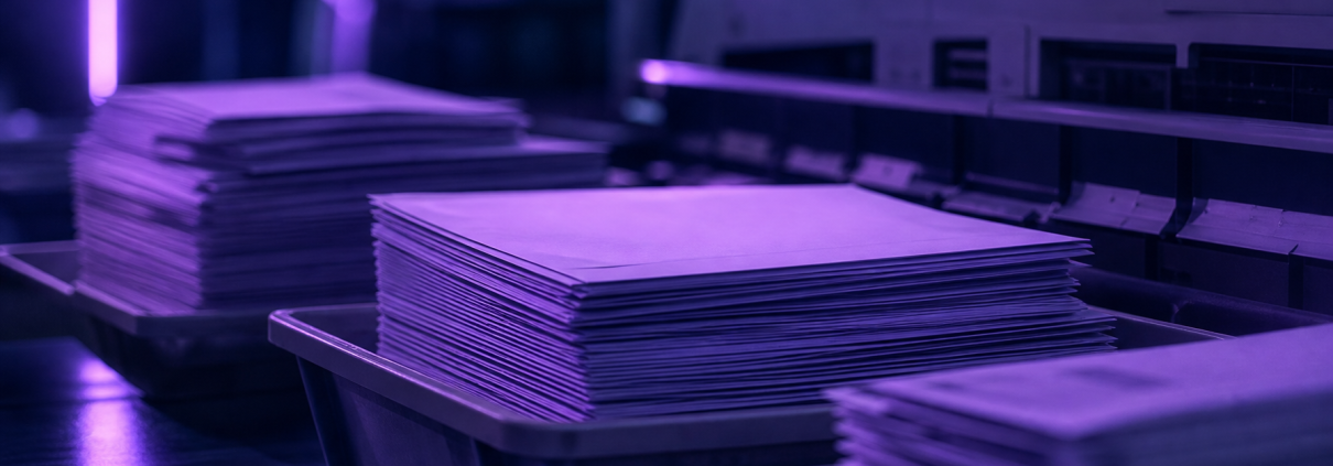 Navy and purple editorial photograph of production mail envelopes