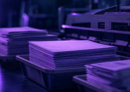 Navy and purple editorial photograph of production mail envelopes