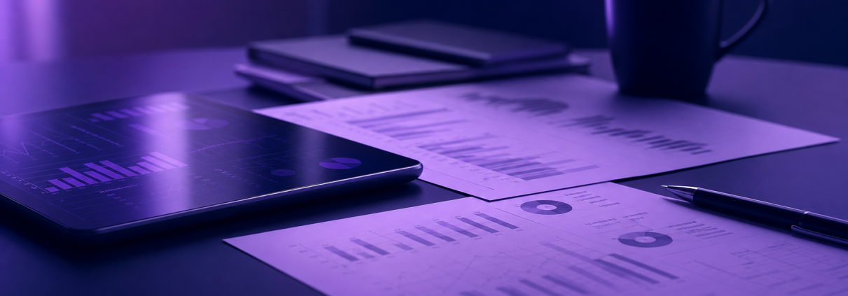 Navy and purple editorial photograph of financial documents and a tablet