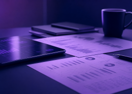 Navy and purple editorial photograph of financial documents and a tablet